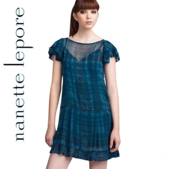 Beautiful Nanette Lapore 2-pc Silk Plaid Turqoiuse Blue Short Sleeve Dress, sz 2 - Picture 1 of 16